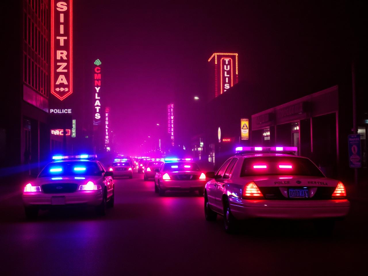 Operativo policial en una calle iluminada por neón