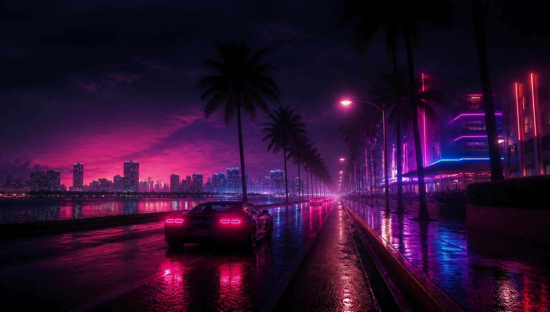 Avenida costera de noche bajo luces de neón